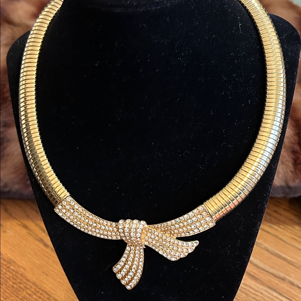 Monet Gold and Crystal Bow Necklace